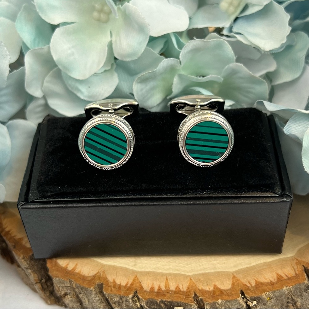 Stunning Green Malachite Round Silver Cufflinks - Picture 15 of 16